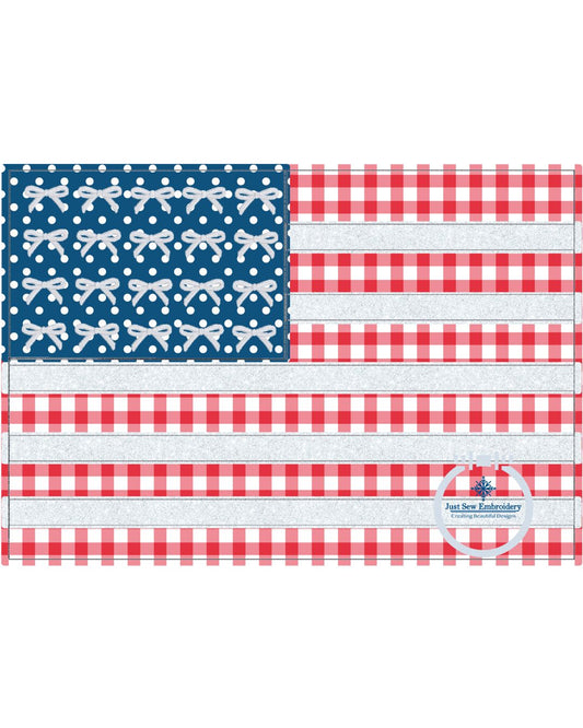 American Flag Two Layer Applique Embroidery Machine Design Raggy Stitch 4th of July Independence Five Sizes 5x7, 8x8, 6x10, 7x12, and 8x12