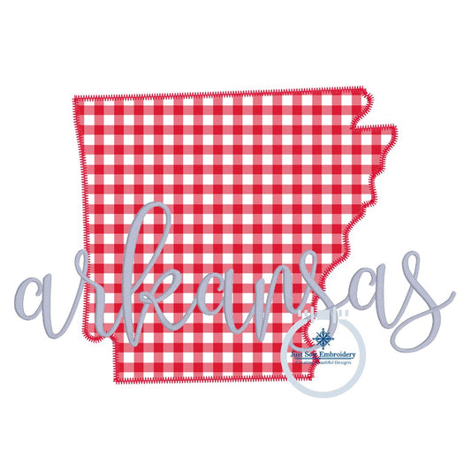 Arkansas Applique Embroidery Design with zigzag state and Script Satin Stitch Overlap Design Five Sizes 5x7, 8x8, 6x10, 7x12, and 8x12 Hoop