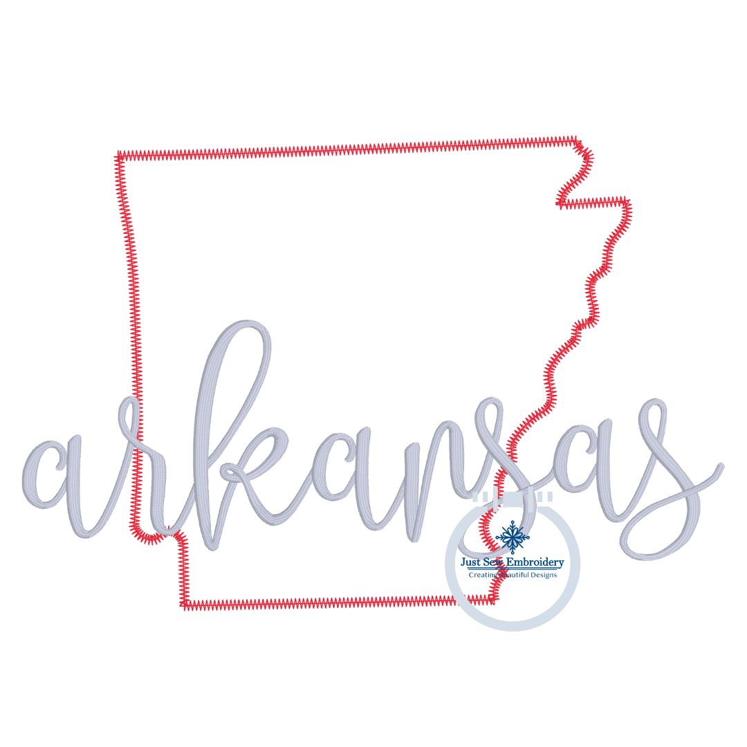 Arkansas Applique Embroidery Design with zigzag state and Script Satin Stitch Overlap Design Five Sizes 5x7, 8x8, 6x10, 7x12, and 8x12 Hoop