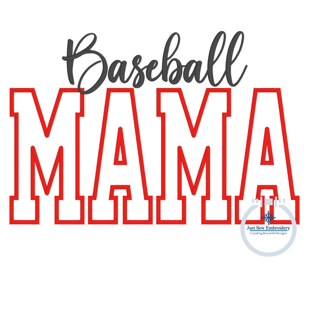 Baseball MAMA Satin Applique Embroidery Machine Design Five Sizes 5x7, 8x8, 6x10, 7x12, and 8x12 Hoop