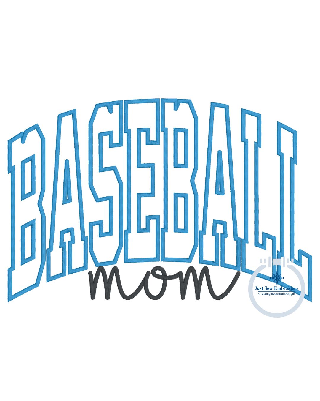 Baseball Mom Arched Satin Applique Machine Embroidery Script Design Three Sizes 6x10, 7x12, and 8x12 Hoop