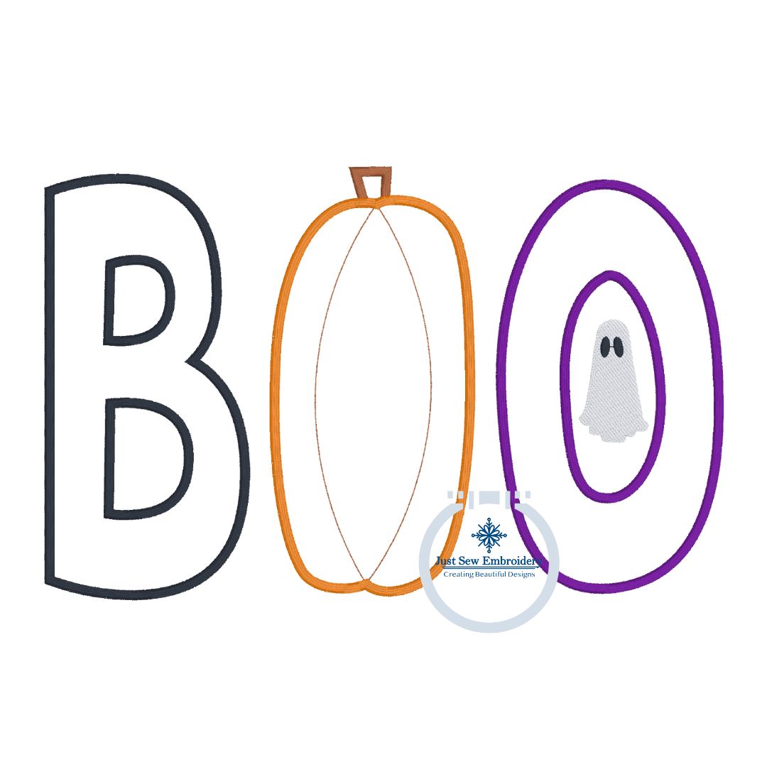 BOO Pumpkin Satin Applique Embroidery Design Halloween Six Sizes 5x7, 8x8, 9x9, 6x10, 7x12, and 8x12 Hoops