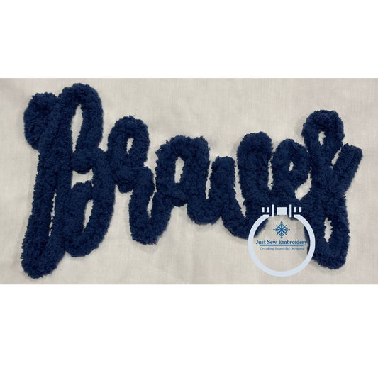 Braves Script Chenille Yarn Applique Design Machine Embroidery Five Sizes 5x7, 8x8, 9x9, 6x10, and 7x12 Hoop