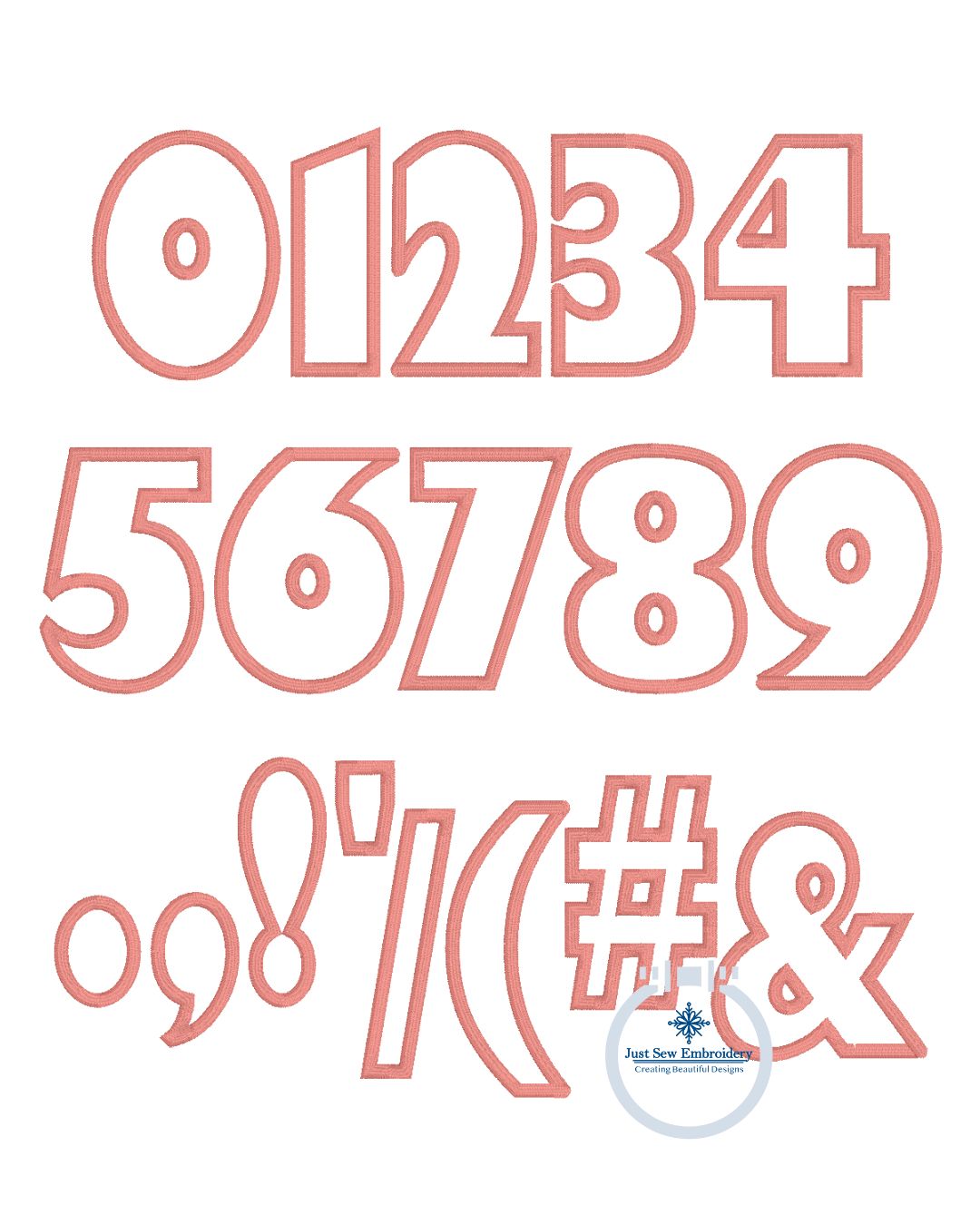 Chunky Satin Applique Embroidery Font Native BX Seven Sizes 2 inch, 3 inch, 4 inch, 5 inch, 6 inch, 7 inch, and 8 inch