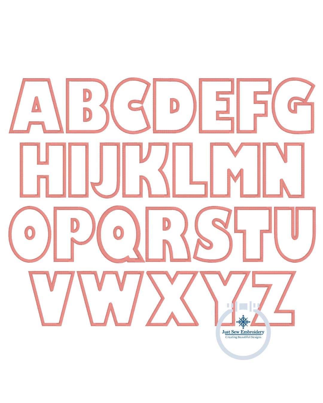 Chunky Satin Applique Embroidery Font Native BX Seven Sizes 2 inch, 3 inch, 4 inch, 5 inch, 6 inch, 7 inch, and 8 inch