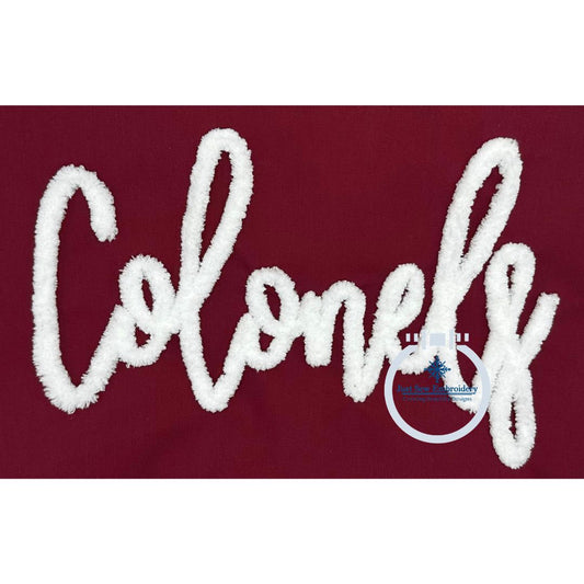 Colonels Chenille Yarn Applique Embroidery Machine Design Script Five Sizes 5x7, 8x8, 6x10, 7x12, and 8x12 Hoop