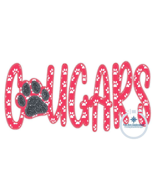 COUGARS Paw Print Applique Embroidery ZigZag Stitch Edge Five Sizes 8, 9, 10, 11, and 12 Inches