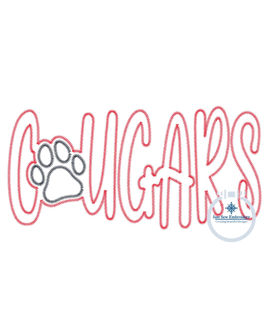 COUGARS Paw Print Applique Embroidery ZigZag Stitch Edge Five Sizes 8, 9, 10, 11, and 12 Inches