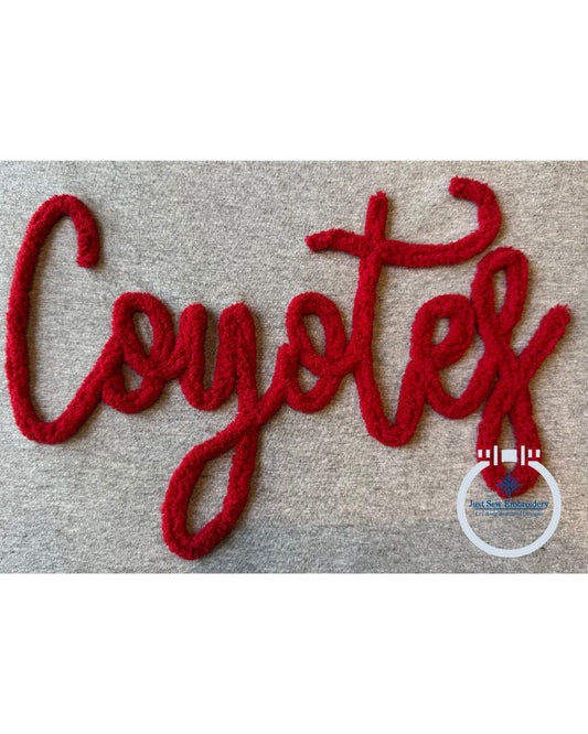 COYOTES Script Chenille Yarn Applique Design Machine Embroidery Six Sizes 5x7, 8x8, 9x9, 6x10, 7x12 and 8x12 Hoop