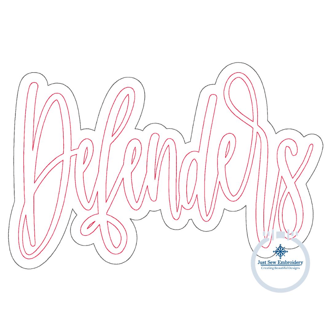 Defenders Two Layer Embroidery Machine Design Bean Stitch Script Six Sizes 5x7, 8x8, 9x9, 6x10, 7x12, and 8x12 Hoop