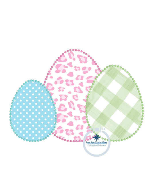 Easter Egg Trio Applique Machine Embroidery Design with Candlewick Finishing Stitch Five Sizes 5x7, 8x8, 6x10, 7x12, and 8x12 Hoop