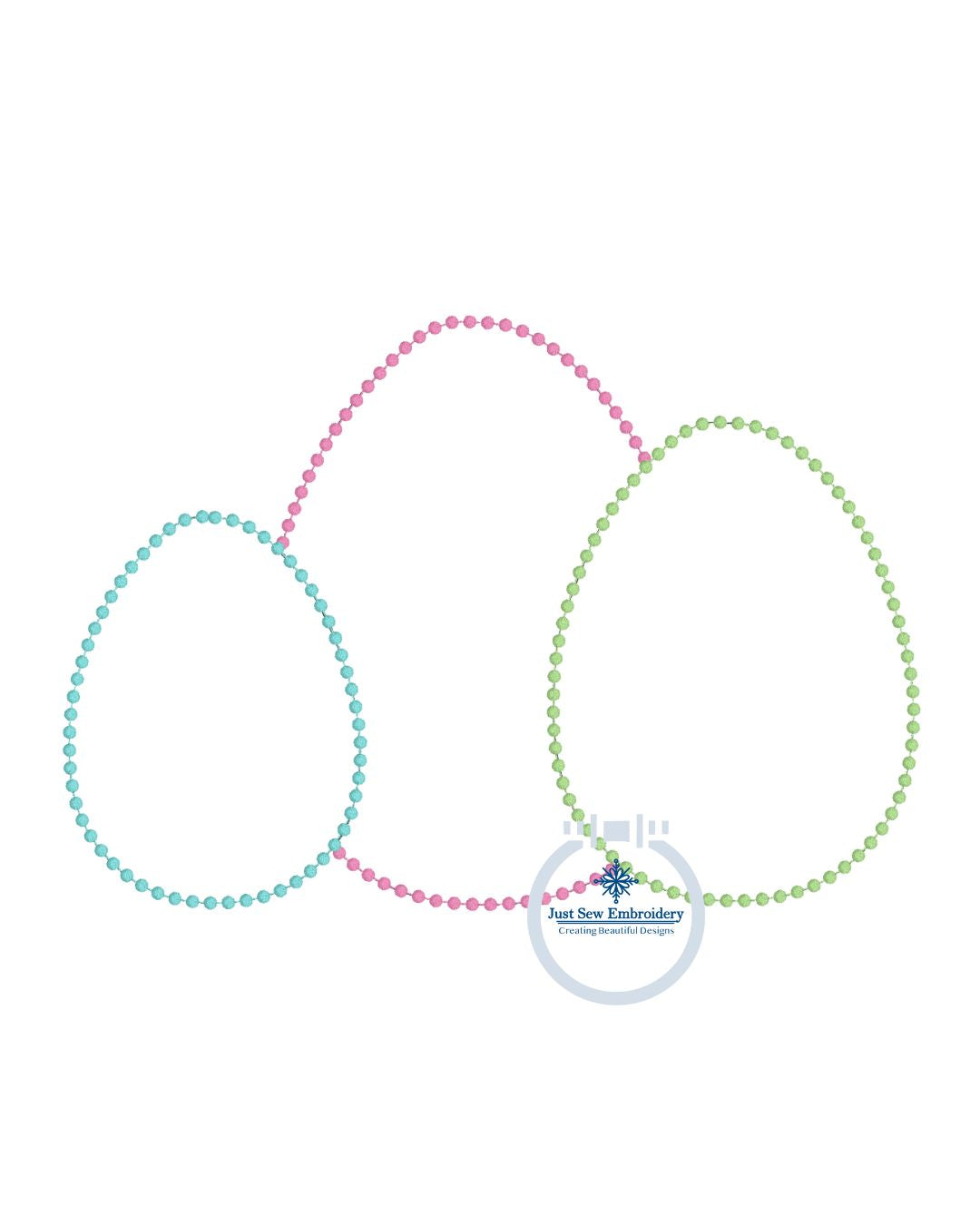 Easter Egg Trio Applique Machine Embroidery Design with Candlewick Finishing Stitch Five Sizes 5x7, 8x8, 6x10, 7x12, and 8x12 Hoop