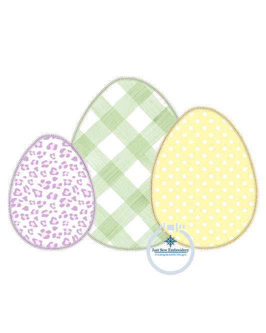 Easter Egg Trio Applique Machine Embroidery Design with ZigZag Finishing Stitch Five Sizes 5x7, 8x8, 6x10, 7x12, and 8x12 Hoop