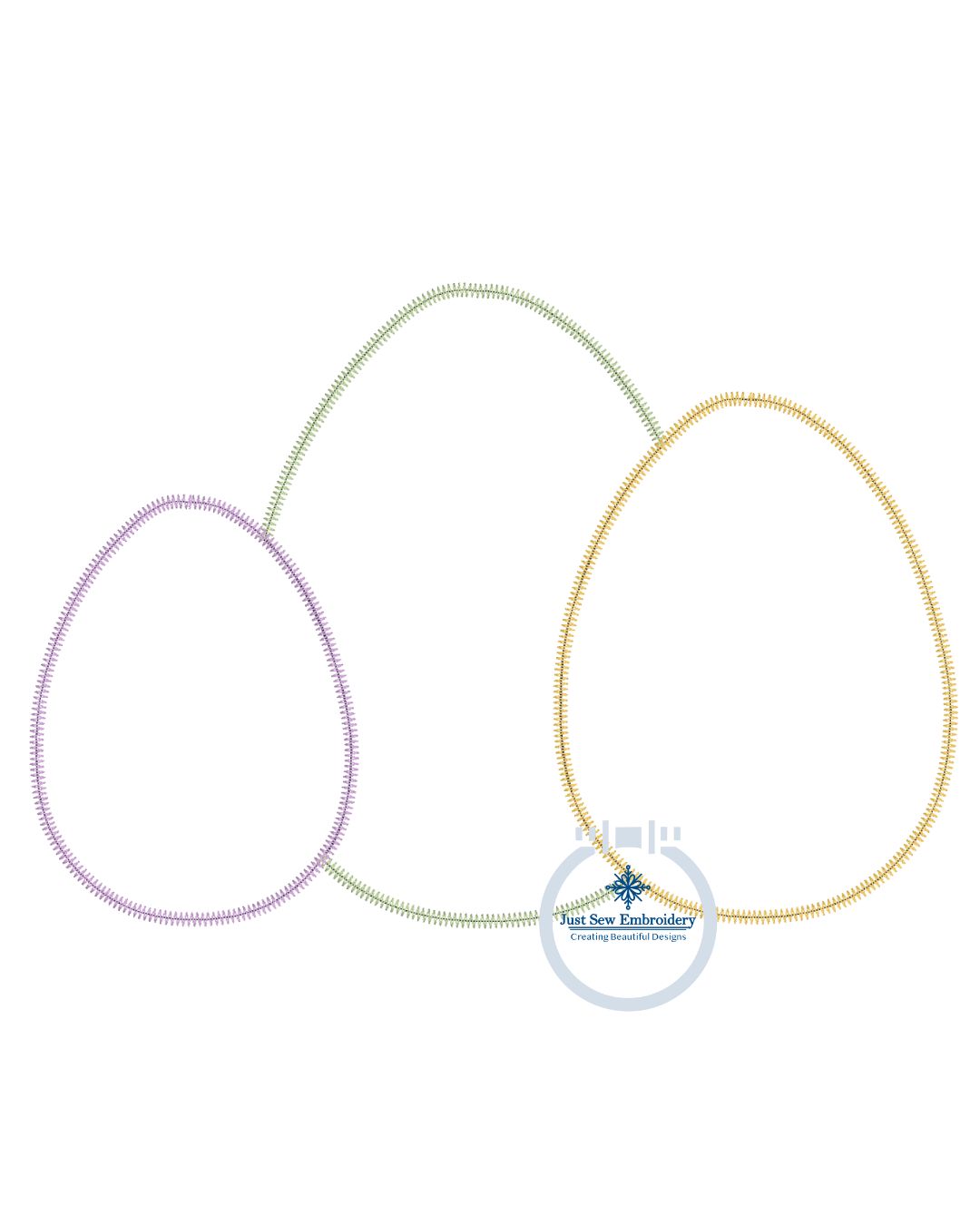 Easter Egg Trio Applique Machine Embroidery Design with ZigZag Finishing Stitch Five Sizes 5x7, 8x8, 6x10, 7x12, and 8x12 Hoop