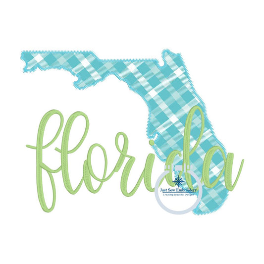Florida applique embroidery design with zigzag state and satin stitch script overlap in four sizes 8x8, 6x10, 7x12, and 8x10 hoop