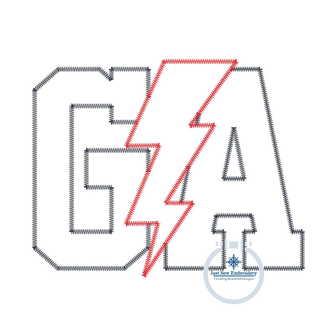 GA Lightning Bolt Applique Embroidery Zigzag Stitch Georgia Design Five Sizes 5x7, 8x8, 9x9, 7x12, and 8x12 Hoop