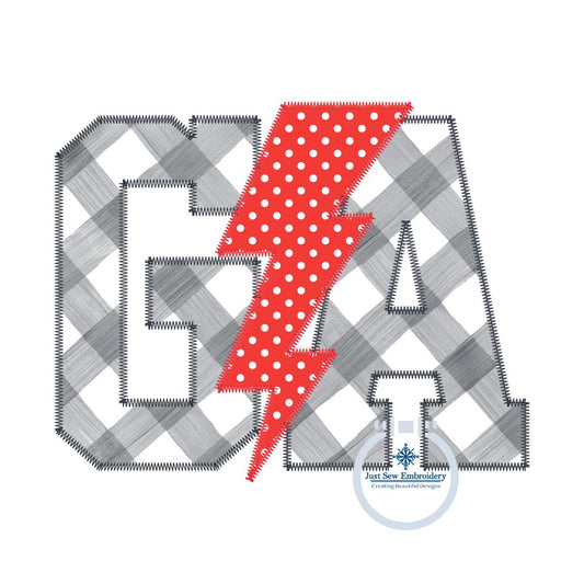 GA Lightning Bolt Applique Embroidery Zigzag Stitch Georgia Design Five Sizes 5x7, 8x8, 9x9, 7x12, and 8x12 Hoop