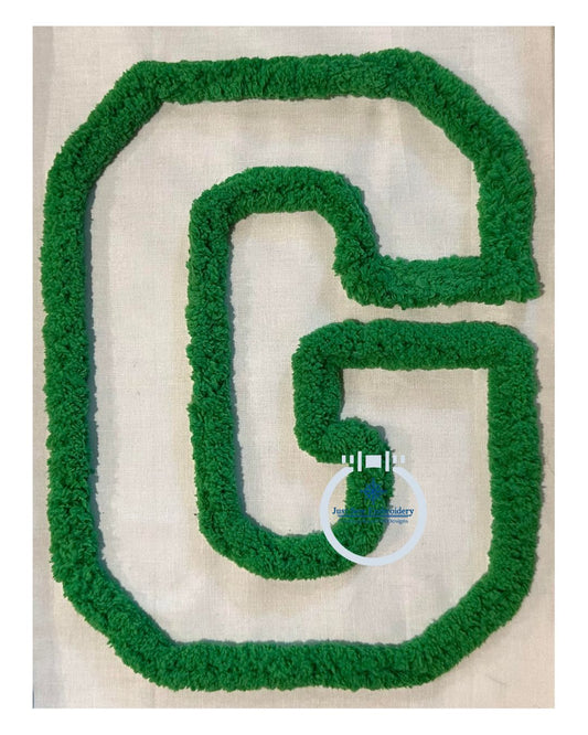 G Varsity Chenille Yarn Applique Varsity Font Zigzag Machine Embroidery Design Seven Sizes 4x4, 5x5, 6x6, 7x7, 8x8, 9x9, and 10x10 Inch