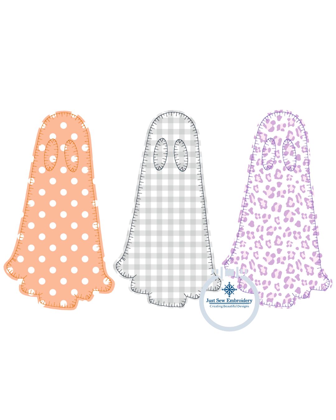 Ghost Trio Applique Embroidery Design Blanket Stitch Halloween Five Sizes 5x7, 8x8, 9x9, 6x10, and 7x12 Hoops