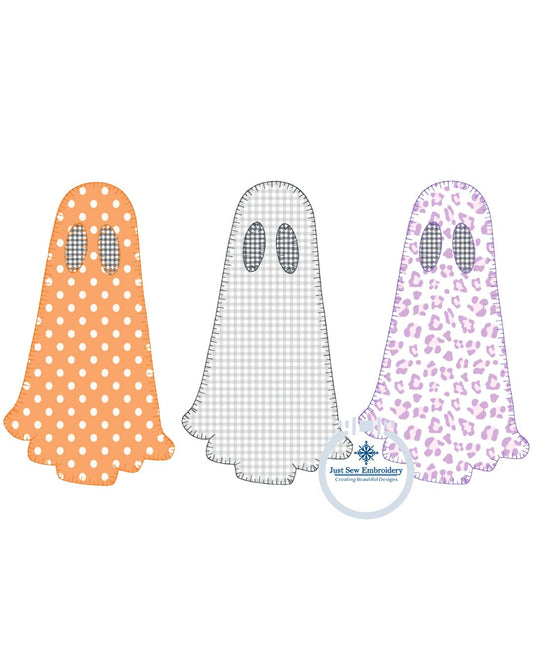 Ghost Trio Applique Embroidery Design Blanket Stitch Halloween Five Sizes 5x7, 8x8, 9x9, 6x10, and 7x12 Hoops