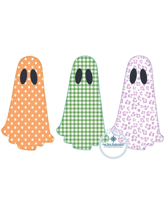 Ghost Trio Applique Embroidery Design Blanket Stitch Filled Eyes Halloween Seven Sizes 4x4, 5x7, 6x6, 8x8, 9x9, 6x10, and 7x12 Hoops