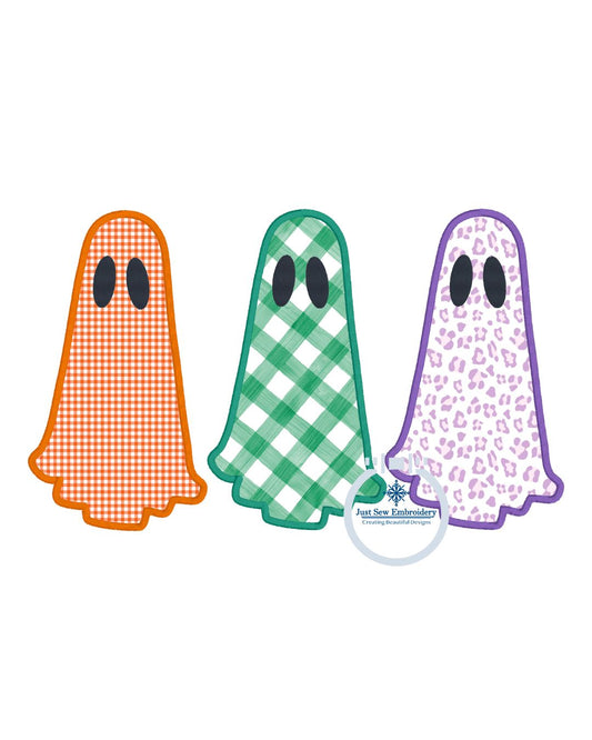 Ghost Trio Applique Embroidery Design Satin Stitch Filled Eyes Halloween Five Sizes 5x7, 8x8, 9x9, 6x10, and 7x12 Hoops