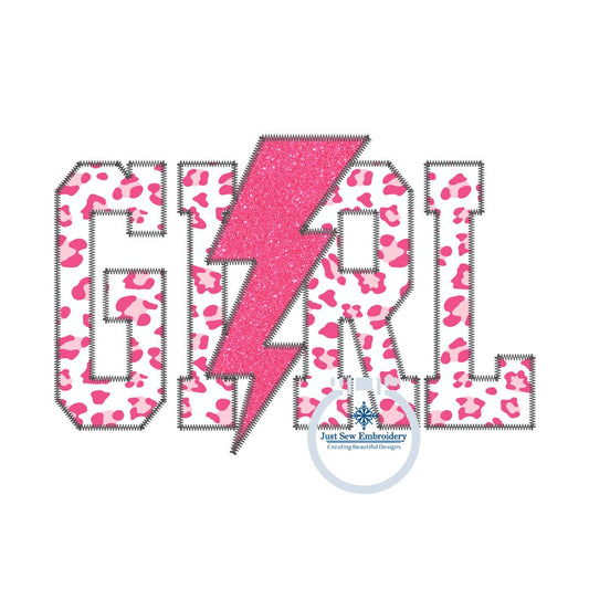 Girl Power Applique Embroidery Design Lightning Bolt Zigzag Edge Stitch Three Sizes 5x7, 6x10, and 8x12 Hoop