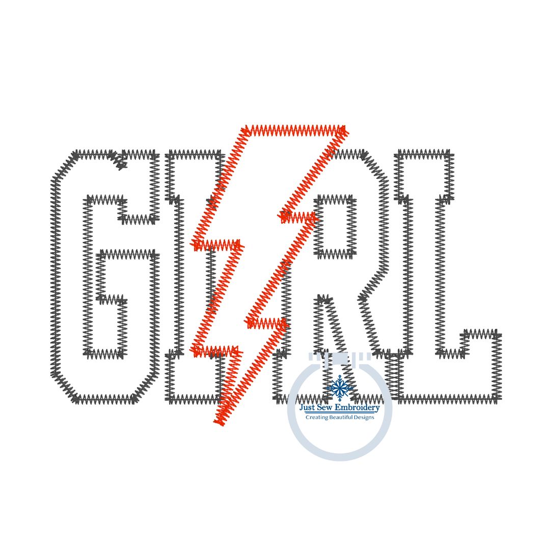 Girl Power Applique Embroidery Design Lightning Bolt Zigzag Edge Stitch Three Sizes 5x7, 6x10, and 8x12 Hoop