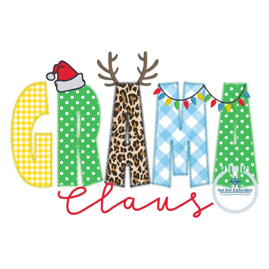 GRAMA Claus Christmas Applique Embroidery Machine Design Zigzag Edge Stitch Five Sizes 5x7, 8x8, 6x10, 7x12m and 8x12 Hoop