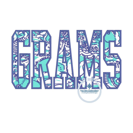 GRAMS Academic Satin Applique Embroidery Design Five Sizes 5x7, 8x8, 9x9, 6x10, and 7x12 Hoop
