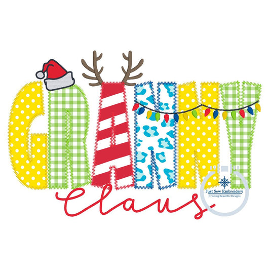 Granny Claus Christmas Applique Embroidery Design Zigzag Applique Five Sizes 5x7, 8x8, 6x10, 7x12, and 8x12 Hoop