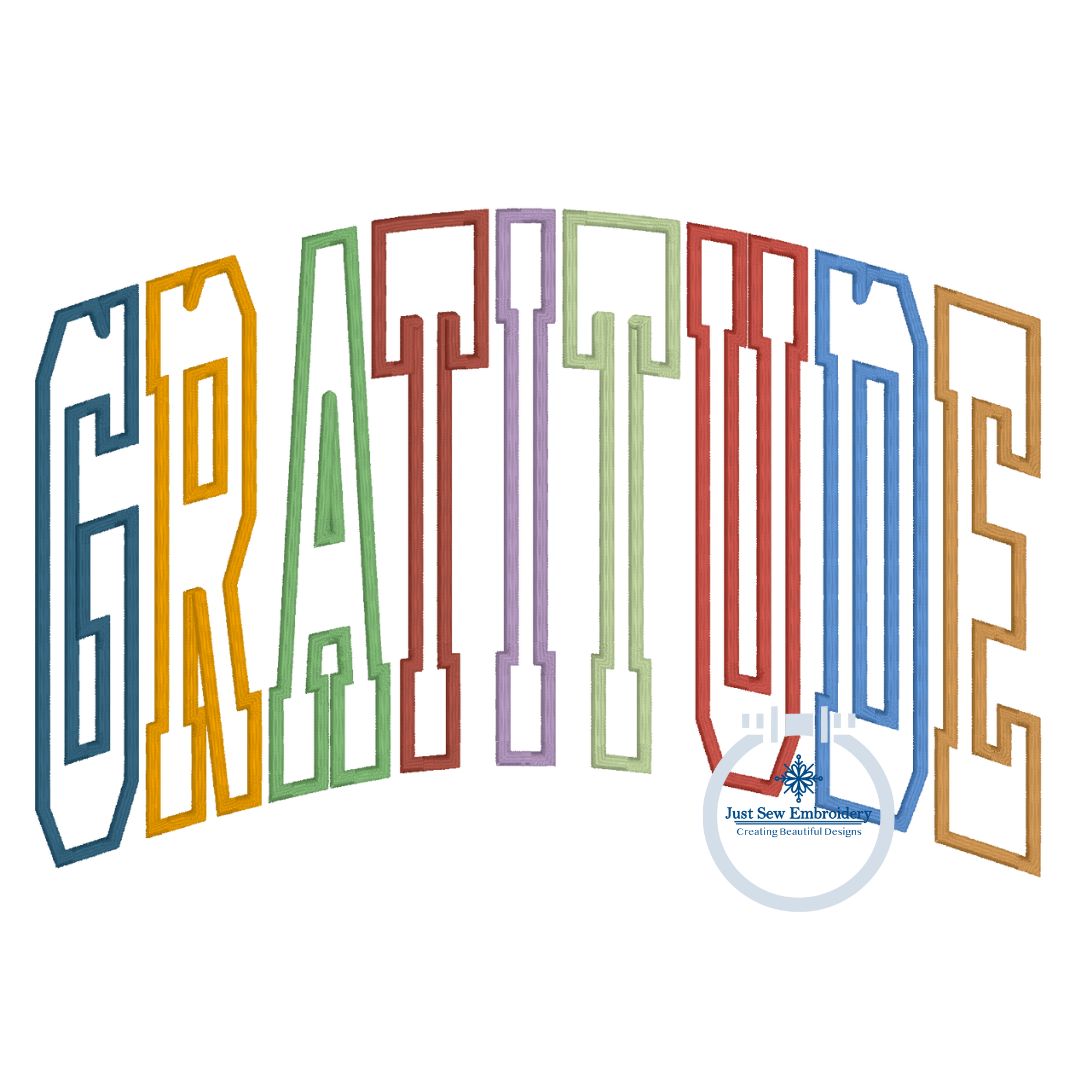 Gratitude Multi Arched Applique Machine Embroidery Design with Satin Edge Stitch Four Sizes 9x9, 6x10, 7x12, and 8x12 Hoop