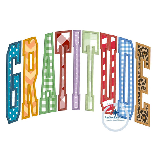 Gratitude Multi Arched Applique Machine Embroidery Design with Satin Edge Stitch Four Sizes 9x9, 6x10, 7x12, and 8x12 Hoop