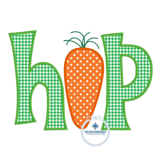 HOP Carrot Applique Machine Embroidery Design with Satin Finishing Stitch Five Sizes 5x7, 8x8, 6x10, 7x12, 8x12 Hoops