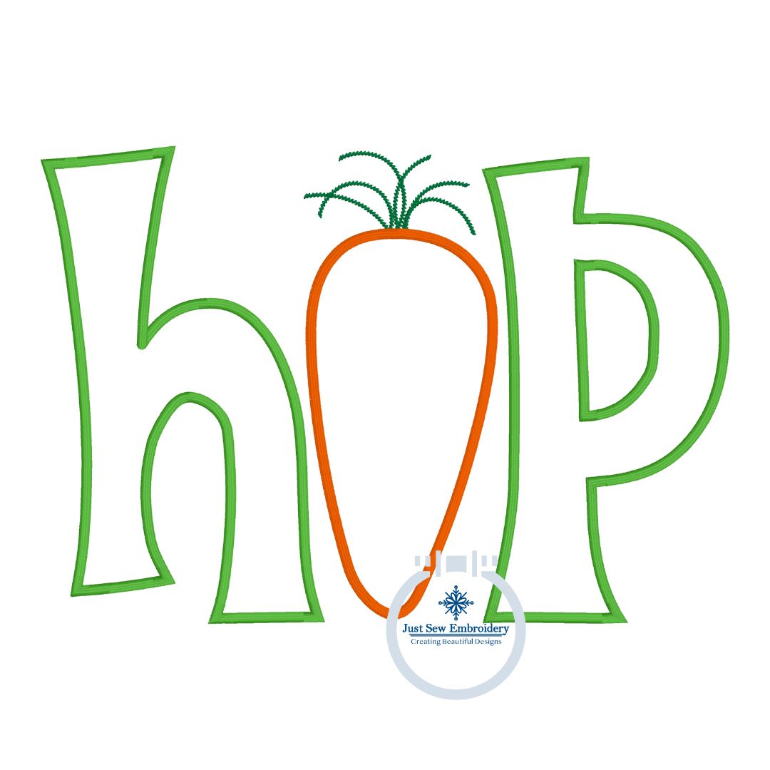 HOP Carrot Applique Machine Embroidery Design with Satin Finishing Stitch Five Sizes 5x7, 8x8, 6x10, 7x12, 8x12 Hoops