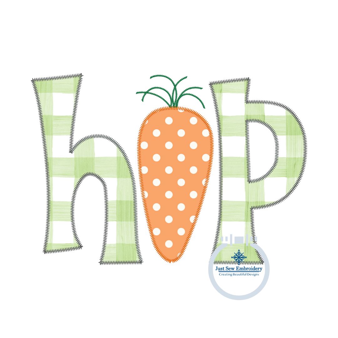 HOP Carrot Applique Machine Embroidery Design with ZigZag Finishing Stitch Five Sizes 5x7, 8x8, 6x10, 7x12, 8x12 Hoops