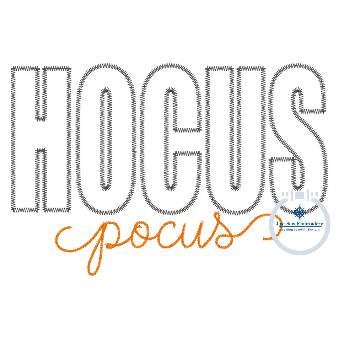 HOCUS Pocus Zigzag Applique Machine Embroidery Design with Chain Stitch Script Four Sizes 5x7, 8x8, 6x10, 8x12 Hoops