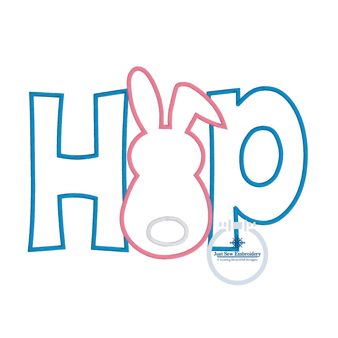 Bunny Hop Applique Machine Embroidery Design with Satin Edge Five Sizes 5x7, 8x8, 6x10, 7x12, and 8x12 Hoop