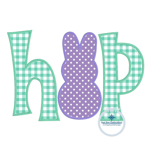 HOP Peep Bunny Applique Embroidery Design with Satin Edge Stitch Five Sizes for 5x7, 8x8, 6x10, 7x12, and 8x12 Hoop