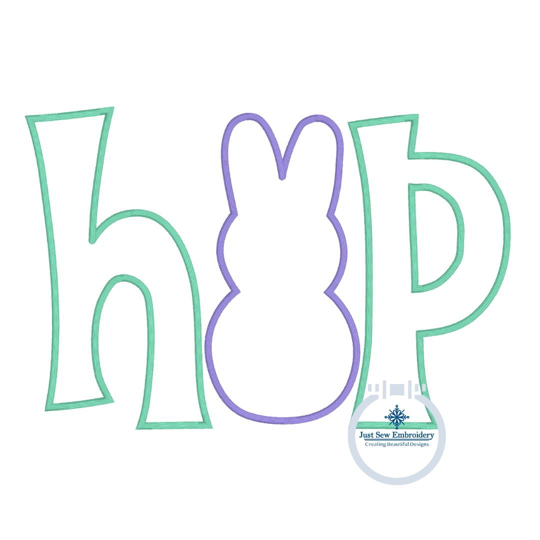 HOP Peep Bunny Applique Embroidery Design with Satin Edge Stitch Five Sizes for 5x7, 8x8, 6x10, 7x12, and 8x12 Hoop