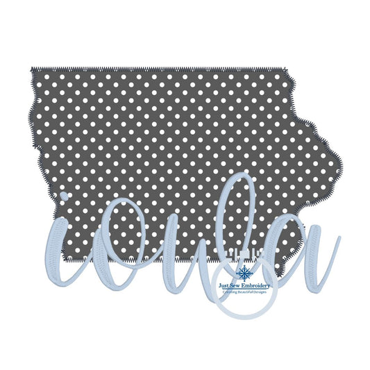 Iowa Applique Embroidery Design with Zigzag State and Satin Stitch Script Six Sizes 4x4, 5x7, 8x8, 6x10, 7x12, and 8x12 hoop
