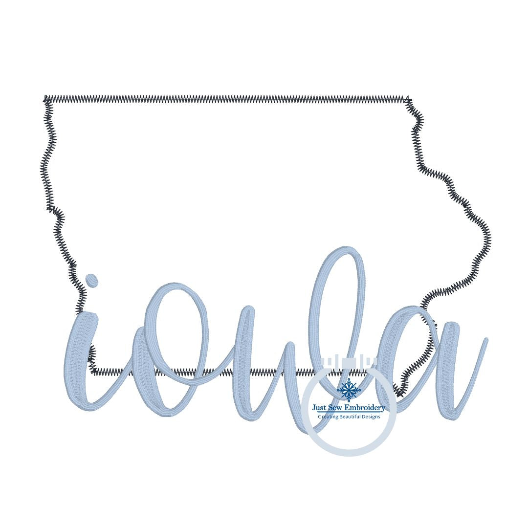 Iowa Applique Embroidery Design with Zigzag State and Satin Stitch Script Six Sizes 4x4, 5x7, 8x8, 6x10, 7x12, and 8x12 hoop