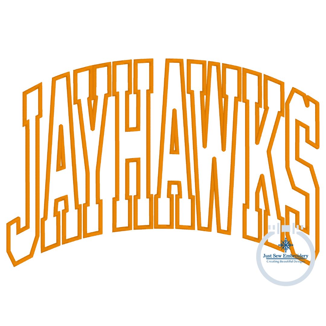 JAYHAWKS Arched Applique Embroidery Design Machine Embroidery Satin Edge Three Sizes 6x10, 7x12 and 8x12 Hoop