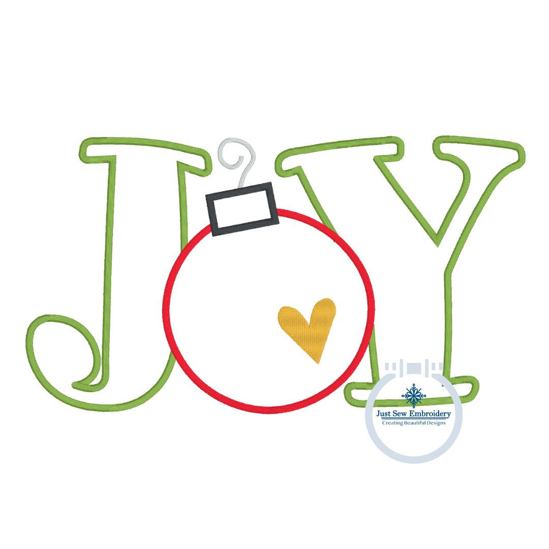 JOY Christmas Ornament Applique Machine Embroidery Design with Satin Edge Stitch Five Sizes 5x7, 8x8, 9x9, 6x10, 7x12 Hoop