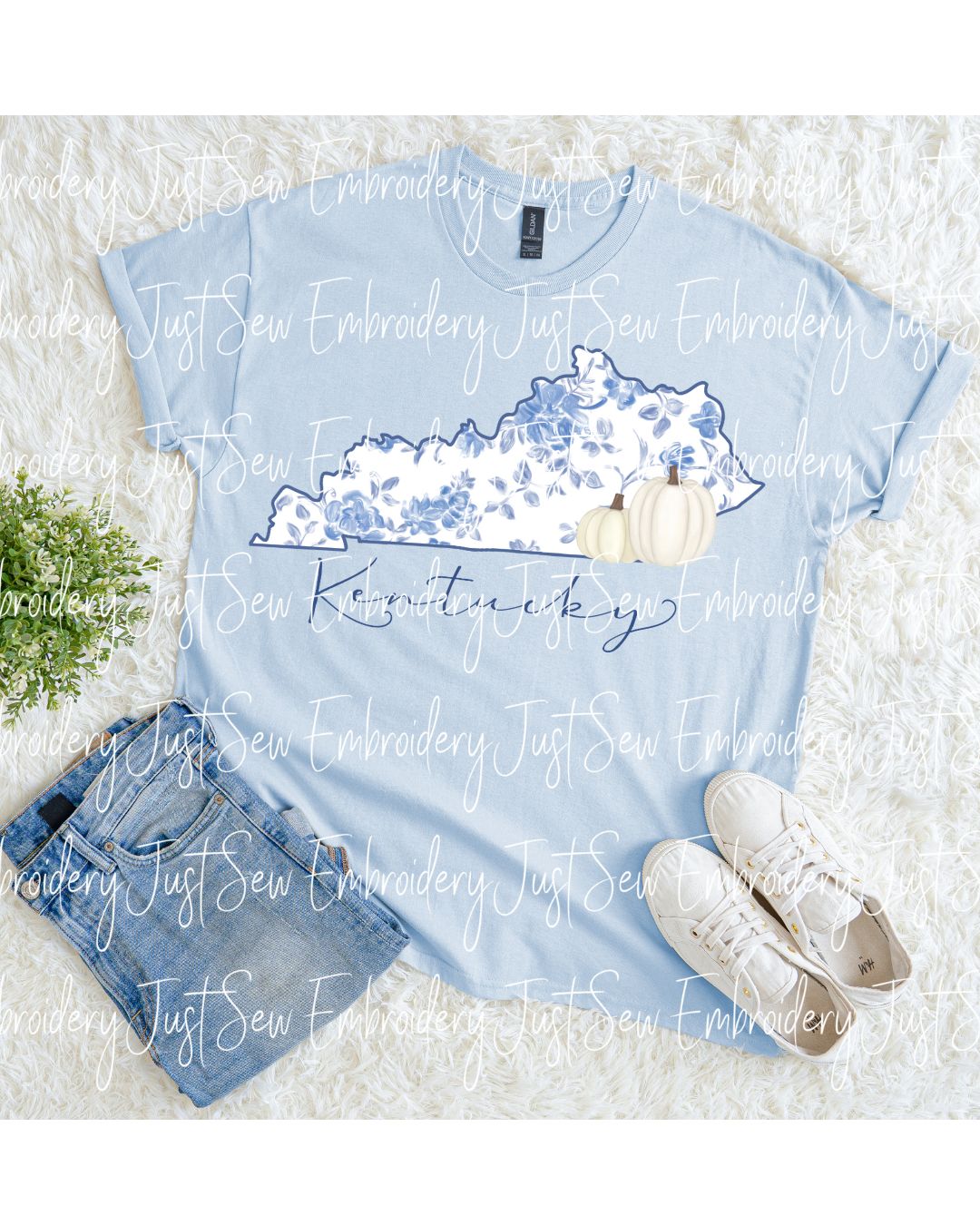 Kentucky Blue Flowered State Shape With Pumpkin Print PNG Hand Drawn Digital File