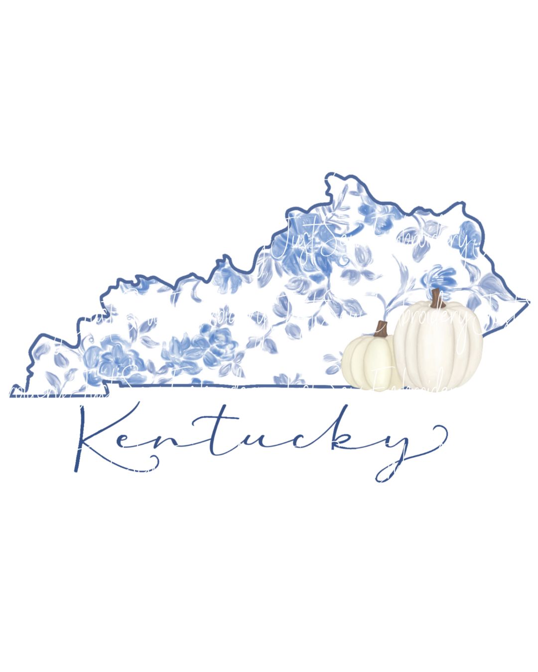 Kentucky Blue Flowered State Shape With Pumpkin Print PNG Hand Drawn Digital File