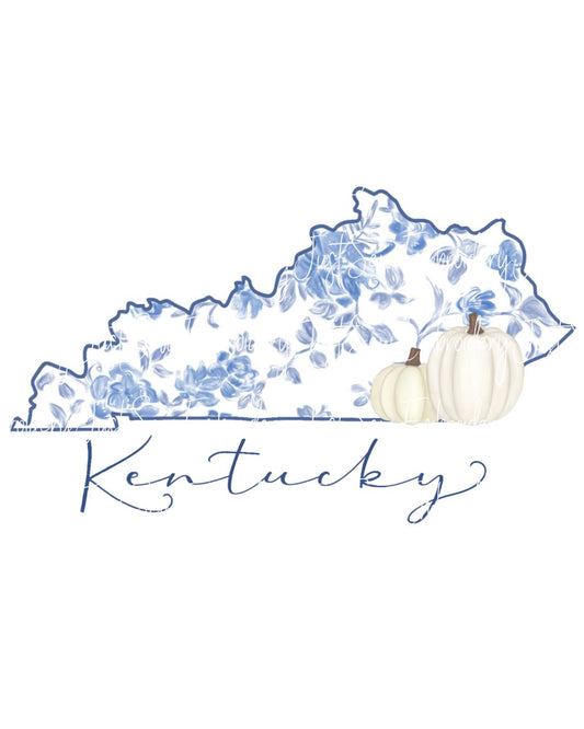 Kentucky Blue Flowered State Shape With Pumpkin Print PNG Hand Drawn Digital File