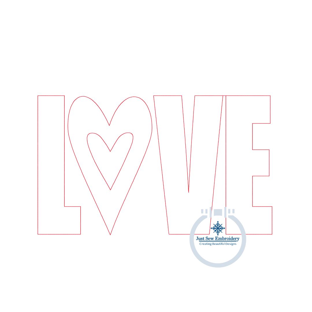 LOVE Heart Reverse Applique Embroidery Design Bean Stitch Five Sizes 5x7, 8x8, 9x9, 6x10, and 7x12