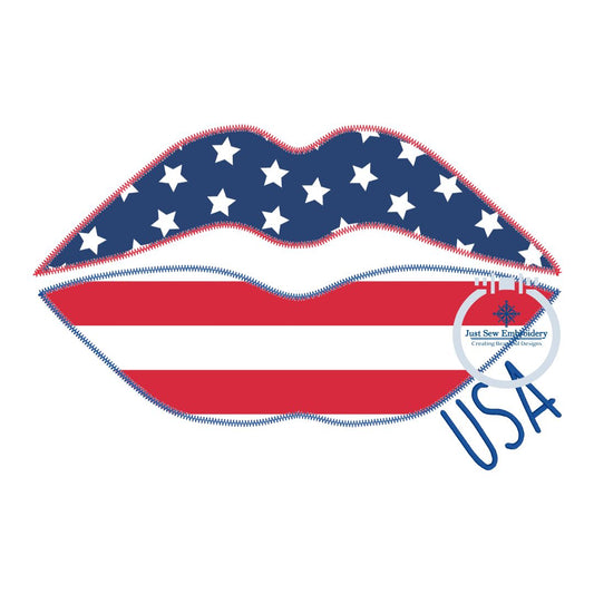 Lips USA Two Color Applique Embroidery Design Machine Embroidery ZigZag Stitch July 4 4th of July Independence 8x12 Hoop