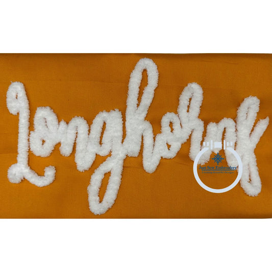 Longhorns Chenille Yarn Script Applique Machine Embroidery Design Two Sizes 6x10 & 7x12 Hoop